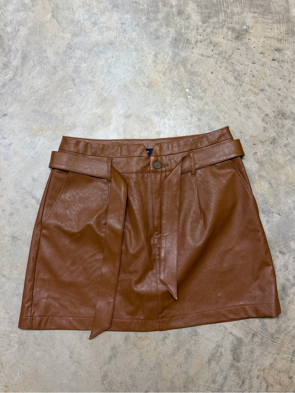 PAIGE Cognac Faux Leather Belted Mini Skirt
